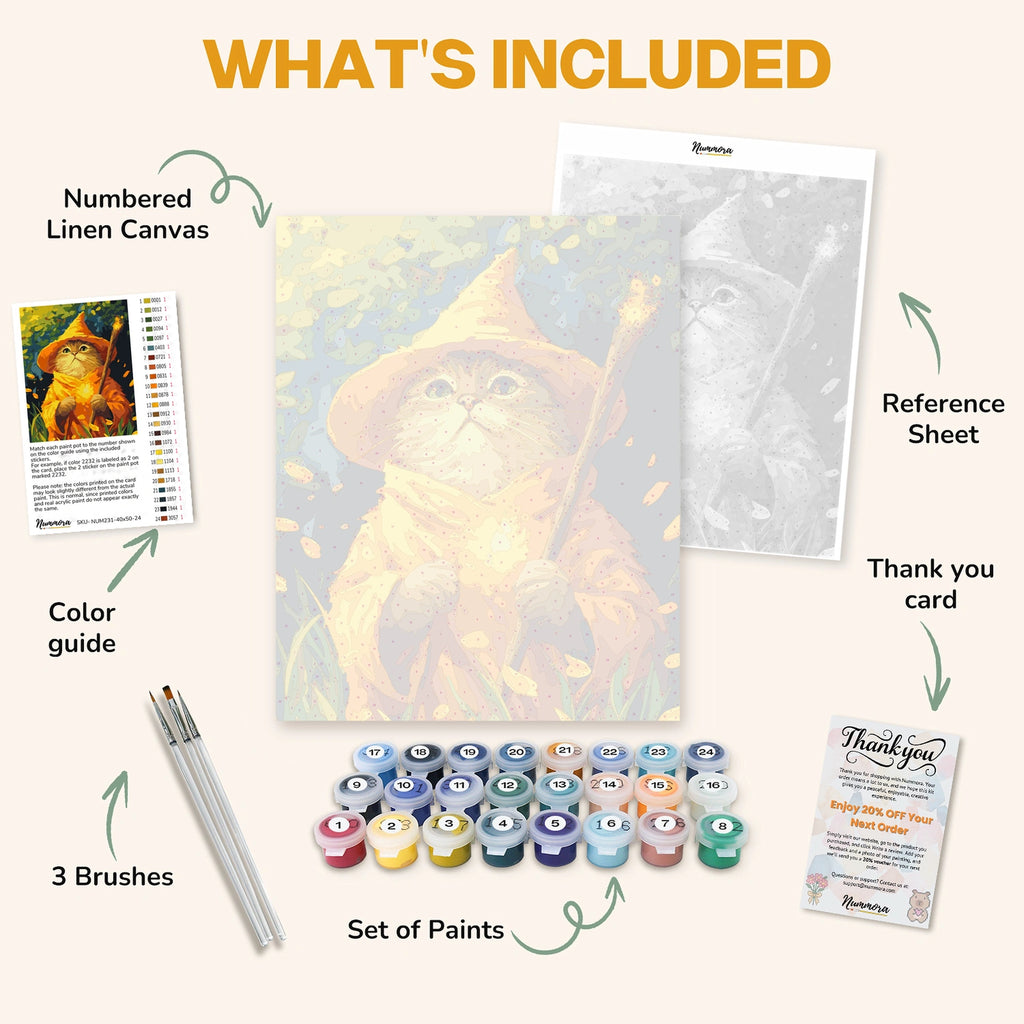 What's included in the Cat Wizard paint by numbers kit: numbered linen canvas, reference sheet, color guide, 24 acrylic paints, 3 brushes and thank you card