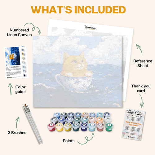 What's included in the Catastrophic Adventures paint by numbers kit: numbered linen canvas, reference sheet, color guide, 24 acrylic paints, 3 brushes and thank you card