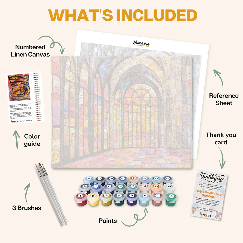 What's included in the Cathedral of Light paint by numbers kit: numbered linen canvas, reference sheet, color guide, 24 acrylic paints, 3 brushes and thank you card