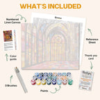 What's included in the Cathedral of Light paint by numbers kit: numbered linen canvas, reference sheet, color guide, 24 acrylic paints, 3 brushes and thank you card
