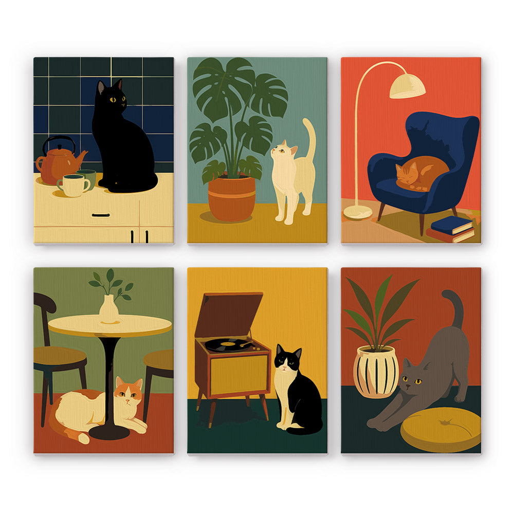 Cats at Home mini paint by numbers set: six cats relaxing in retro interiors with plants, an armchair and a record player