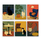 Cats at Home mini paint by numbers set: six cats relaxing in retro interiors with plants, an armchair and a record player