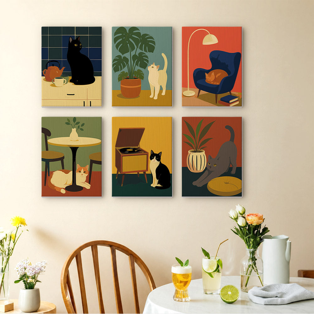 Cats at Home mini paintings displayed as a gallery wall in a sunny kitchen