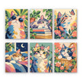 Cats in Bloom mini paint by numbers set: six colorful patchwork cats with sunglasses, books, butterflies and flowers