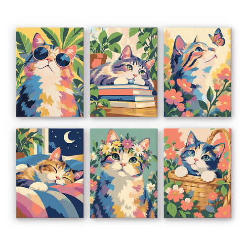 Cats in Bloom mini paint by numbers set: six colorful patchwork cats with sunglasses, books, butterflies and flowers
