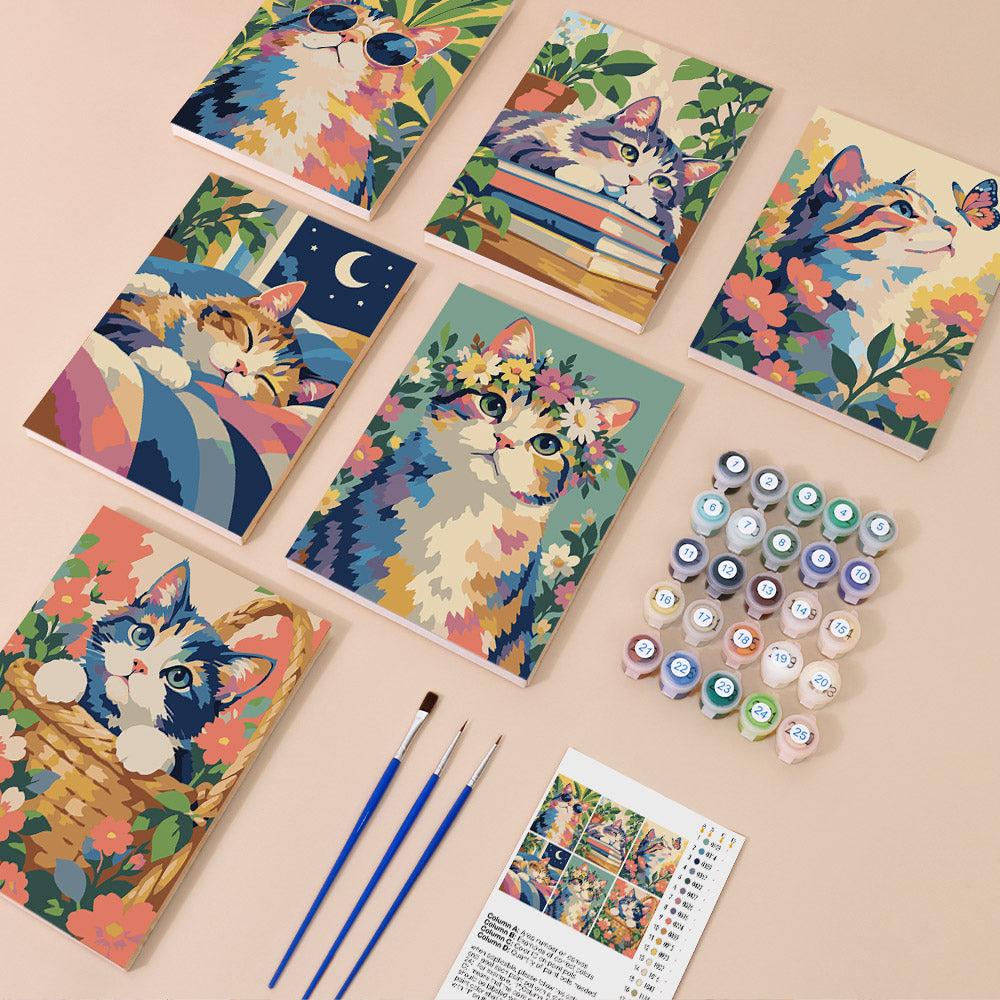 Cats in Bloom mini paint by numbers kit with six numbered canvases, acrylic paints, brushes and layout