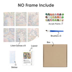 What's included without a frame: six rolled Cats in Bloom mini canvases, acrylic paints, three brushes and layout