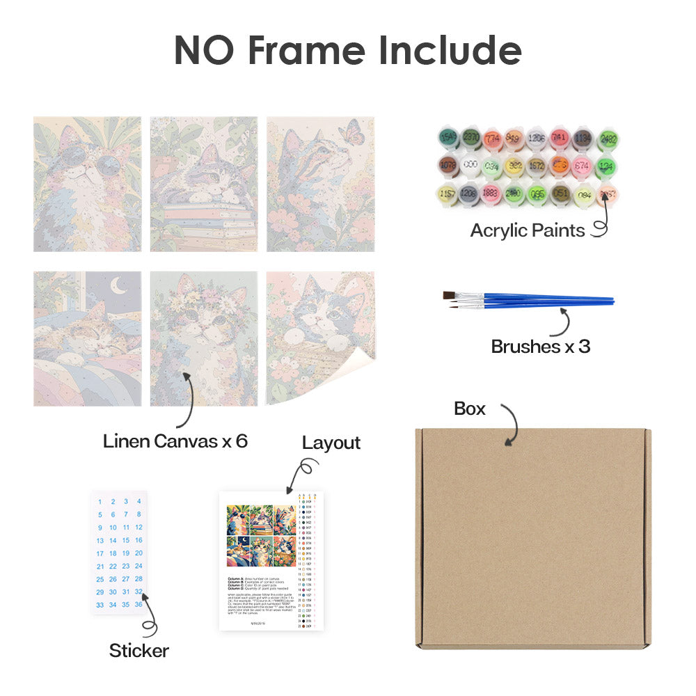 What's included without a frame: six rolled Cats in Bloom mini canvases, acrylic paints, three brushes and layout
