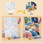 Before and after of a Cats in Bloom mini paint by numbers canvas