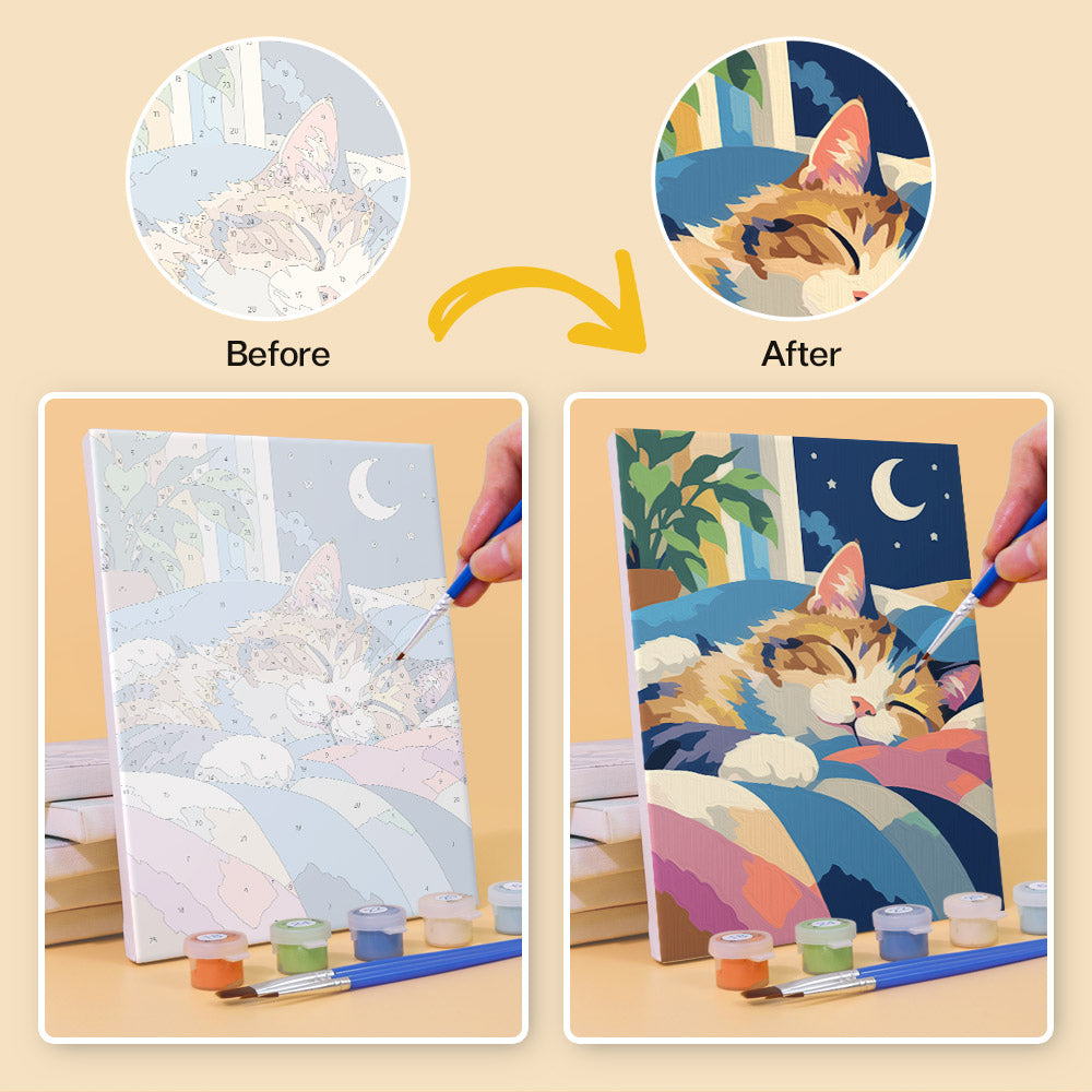 Before and after of a Cats in Bloom mini paint by numbers canvas