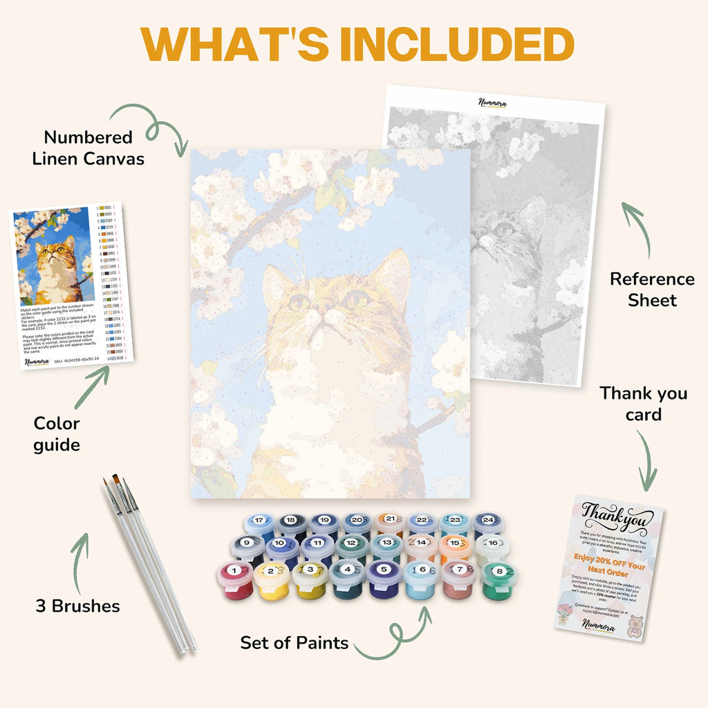 What's included in the Cat's Perspective paint by numbers kit: numbered linen canvas, reference sheet, color guide, 24 acrylic paints, 3 brushes and thank you card