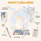 What's included in the Cat's Perspective paint by numbers kit: numbered linen canvas, reference sheet, color guide, 24 acrylic paints, 3 brushes and thank you card