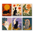Cats Through the Seasons mini paint by numbers set: six cats with a sun, autumn leaves, garden plants and a crescent moon