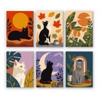 Cats Through the Seasons mini paint by numbers set: six cats with a sun, autumn leaves, garden plants and a crescent moon