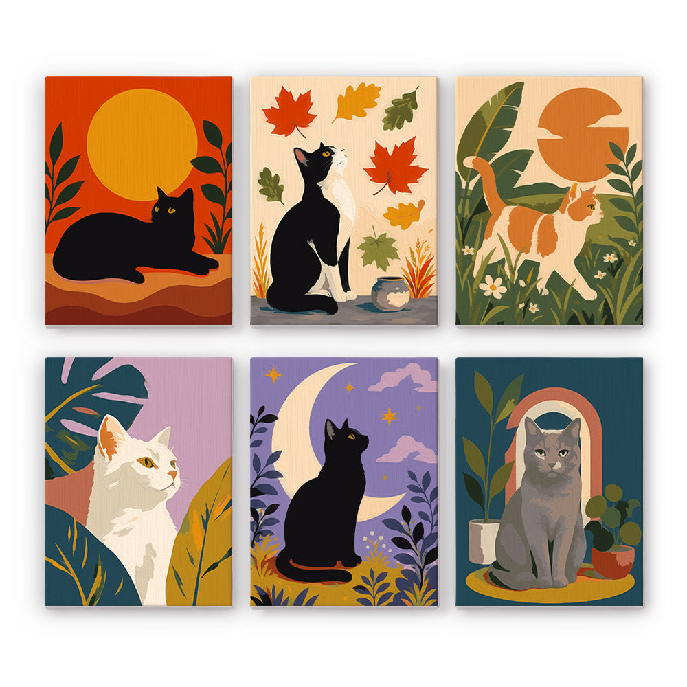 Cats Through the Seasons mini paint by numbers set: six cats with a sun, autumn leaves, garden plants and a crescent moon
