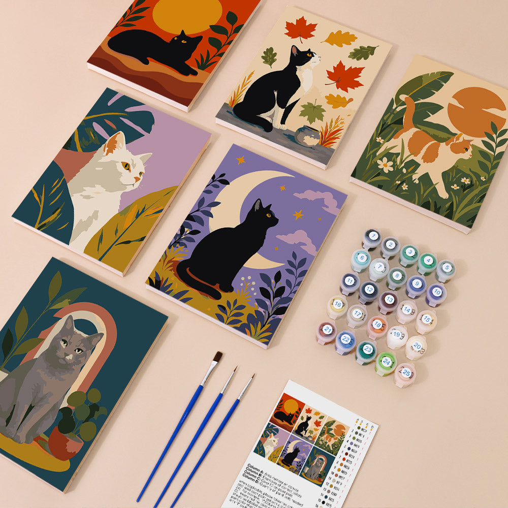 Cats Through the Seasons mini paint by numbers kit with six numbered canvases, acrylic paints, brushes and layout