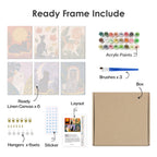 What's included pre-stretched on frame: six framed Cats Through the Seasons mini canvases, paints, three brushes, hangers and layout