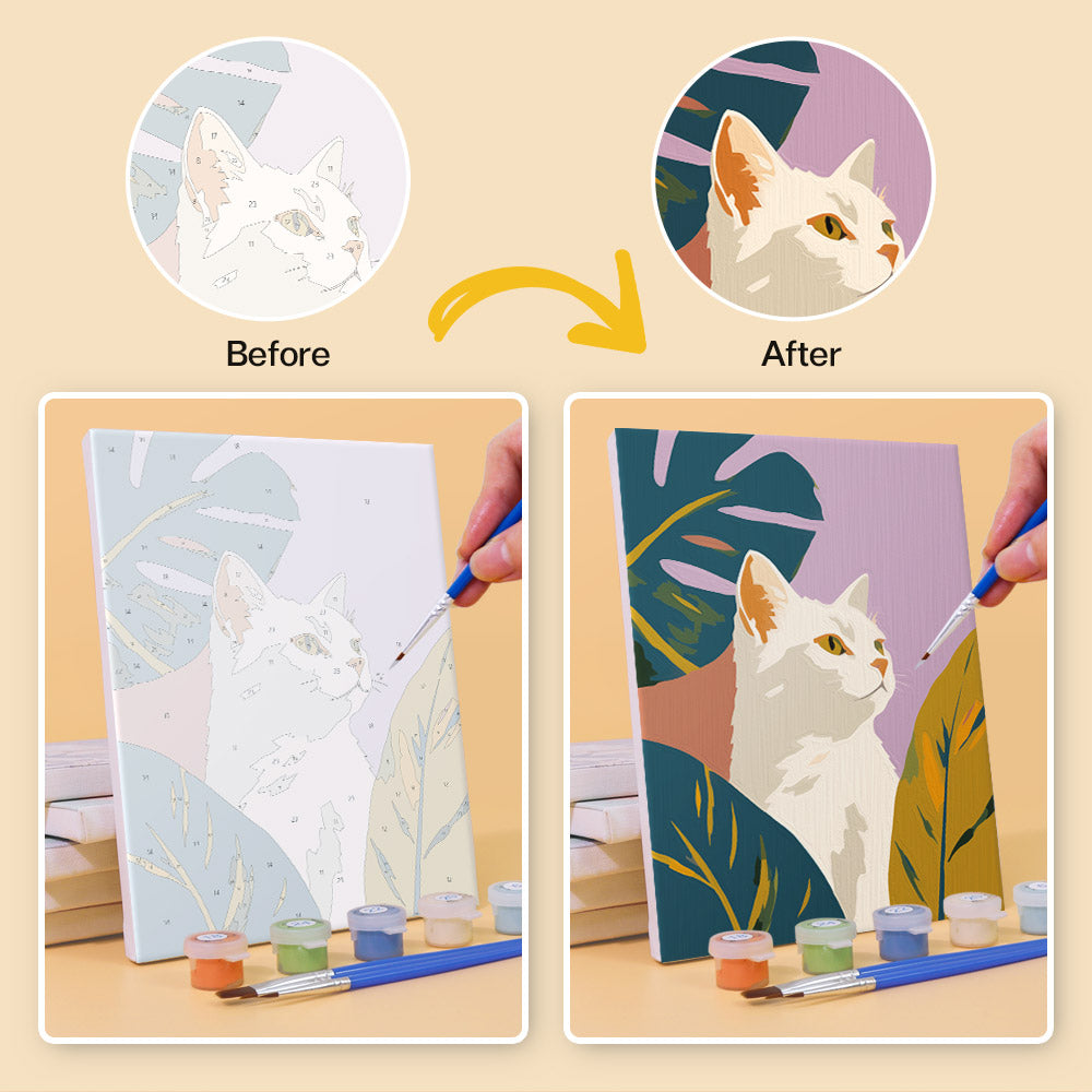 Before and after of a Cats Through the Seasons mini paint by numbers canvas