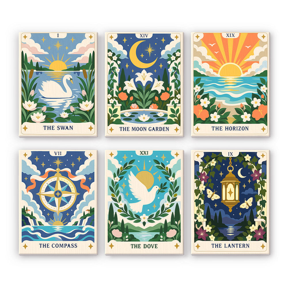 Celestial Cards mini paint by numbers set: six mystical card designs of a swan, moon garden, horizon, compass, dove and lantern