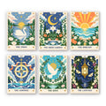 Celestial Cards mini paint by numbers set: six mystical card designs of a swan, moon garden, horizon, compass, dove and lantern