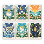 Celestial Cards mini paint by numbers set: six mystical card designs of a swan, moon garden, horizon, compass, dove and lantern