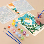 Filling in a Celestial Cards mini canvas with numbered acrylic paints and a fine brush