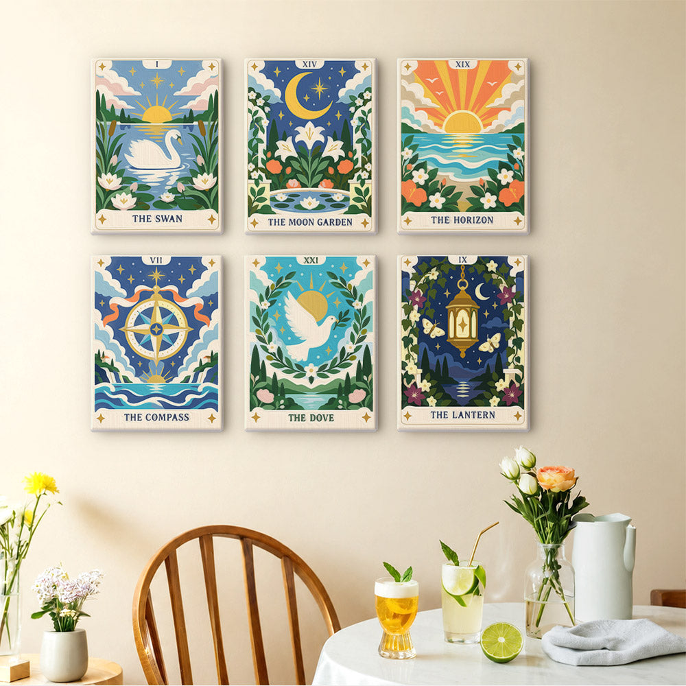 Celestial Cards mini paintings displayed as a gallery wall in a sunny kitchen