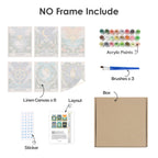 What's included without a frame: six rolled Celestial Cards mini canvases, acrylic paints, three brushes and layout
