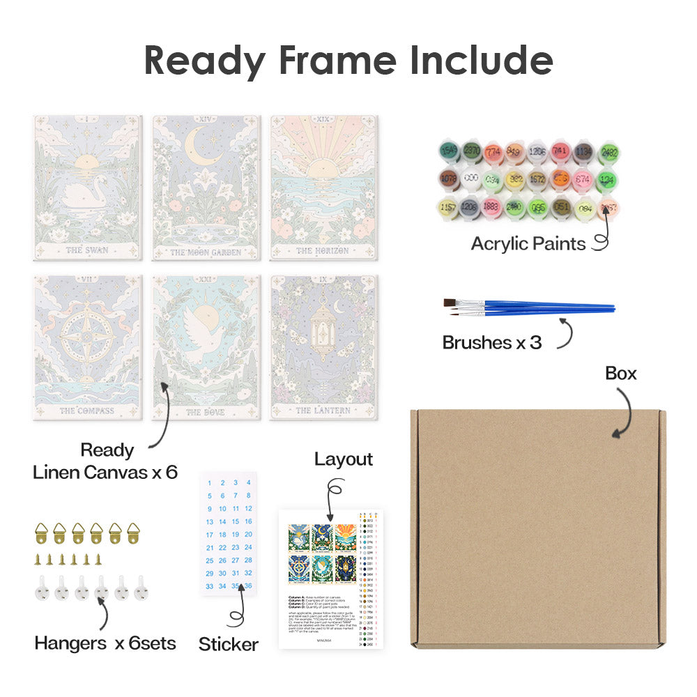 What's included pre-stretched on frame: six framed Celestial Cards mini canvases, paints, three brushes, hangers and layout