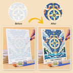 Before and after of a Celestial Cards mini paint by numbers canvas