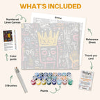 What's included in the Chaos Crown paint by numbers kit: numbered linen canvas, reference sheet, color guide, 24 acrylic paints, 3 brushes and thank you card