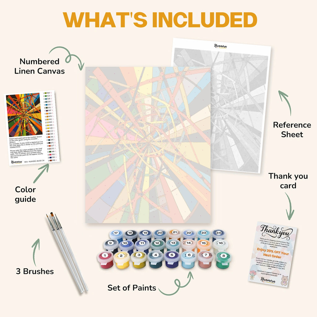 What's included in the Chaos in Motion paint by numbers kit: numbered linen canvas, reference sheet, color guide, 24 acrylic paints, 3 brushes and thank you card