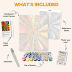 What's included in the Chaos in Motion paint by numbers kit: numbered linen canvas, reference sheet, color guide, 24 acrylic paints, 3 brushes and thank you card