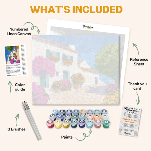 What's included in the Charming Village paint by numbers kit: numbered linen canvas, reference sheet, color guide, 24 acrylic paints, 3 brushes and thank you card