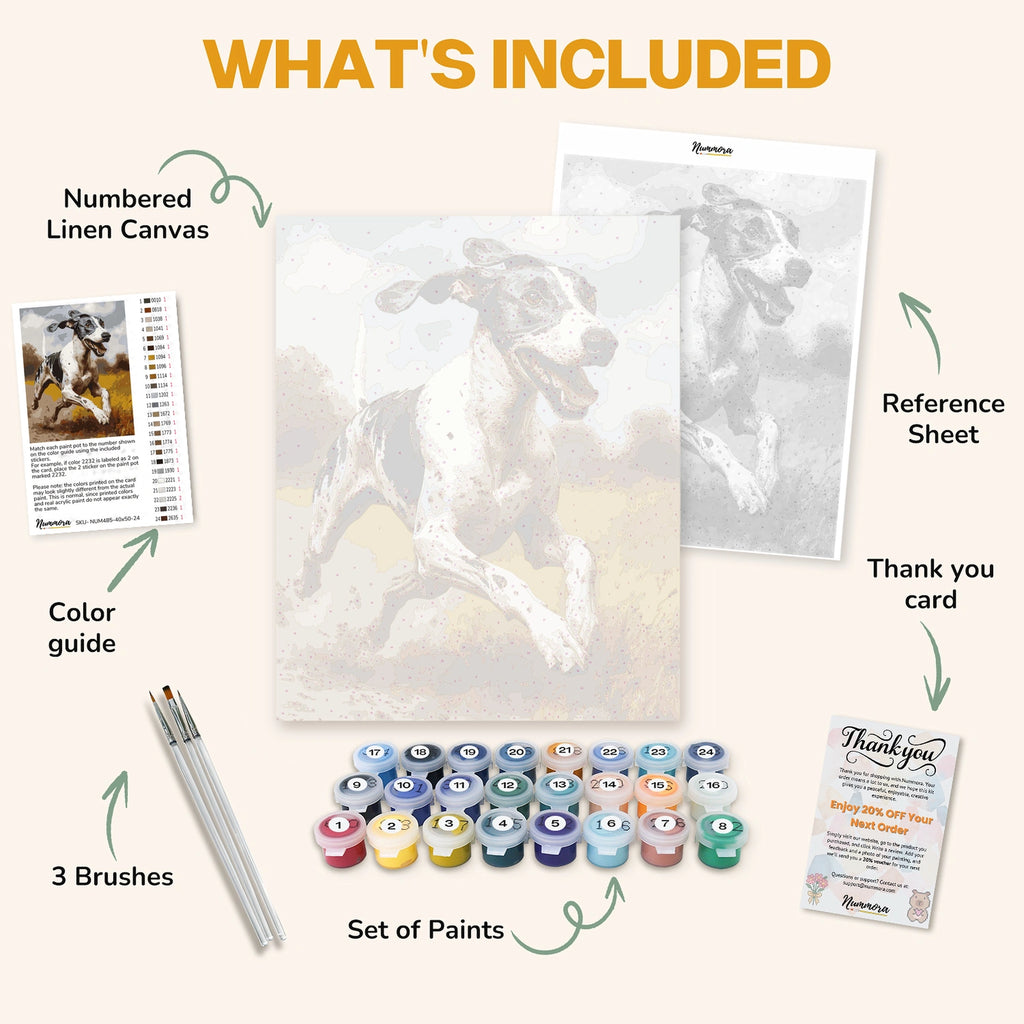 What's included in the Chasing the Horizon paint by numbers kit: numbered linen canvas, reference sheet, color guide, 24 acrylic paints, 3 brushes and thank you card