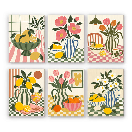 Checkerboard Still Life mini paint by numbers set: six designs of lemons, tulips and striped jugs on checkered tables