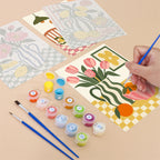 Filling in a Checkerboard Still Life mini canvas with numbered acrylic paints and a fine brush