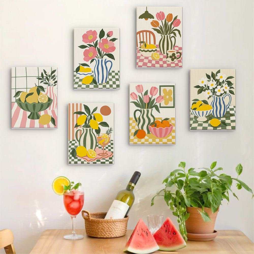 Six finished Checkerboard Still Life mini paintings hung on a wall above a table