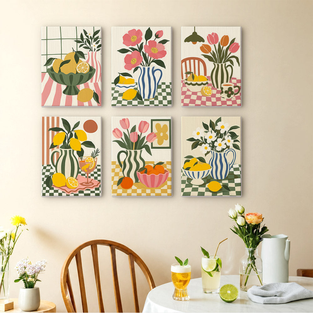Checkerboard Still Life mini paintings displayed as a gallery wall in a sunny kitchen