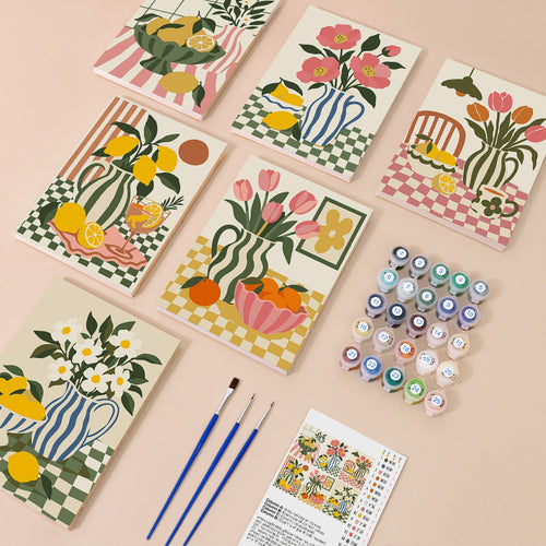 Checkerboard Still Life mini paint by numbers kit with six numbered canvases, acrylic paints, brushes and layout