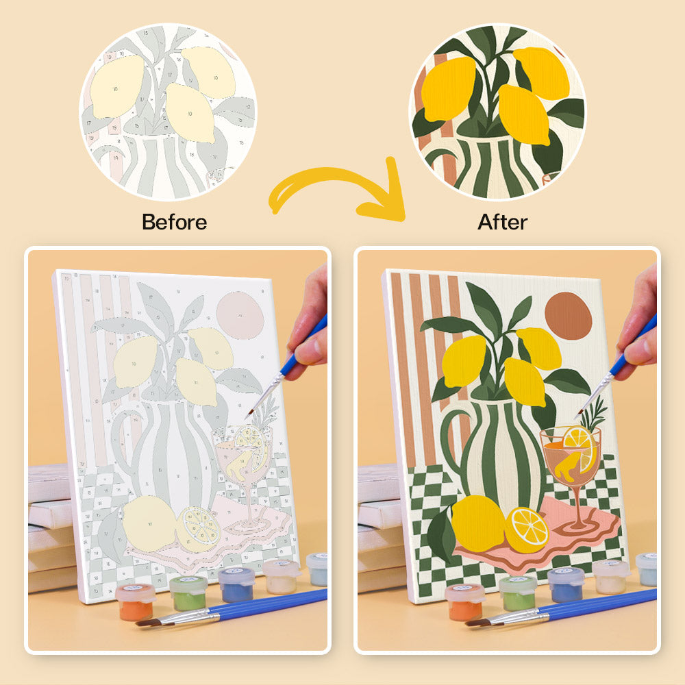 Before and after of a Checkerboard Still Life mini paint by numbers canvas