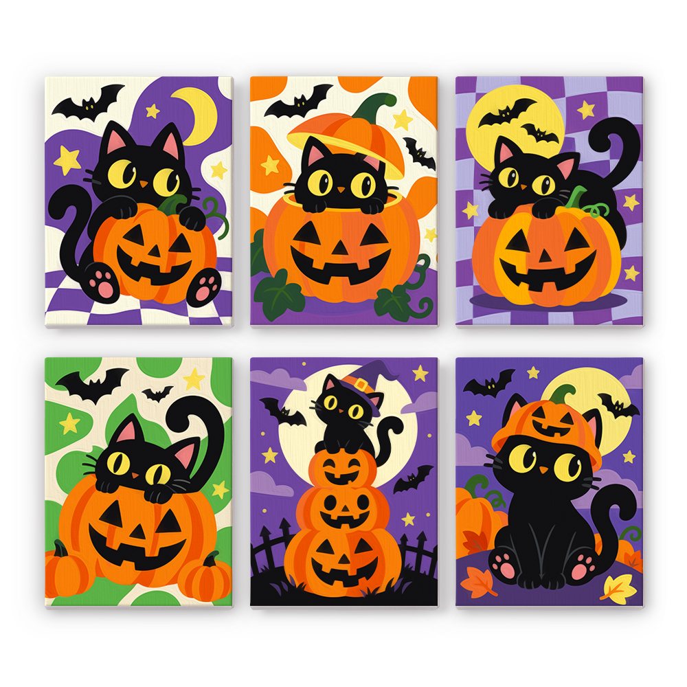 Checkered Cat Pumpkins mini paint by numbers set: six wide-eyed black cats with jack-o'-lanterns on purple, green and cream checkerboard backgrounds