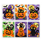 Checkered Cat Pumpkins mini paint by numbers set: six wide-eyed black cats with jack-o'-lanterns on purple, green and cream checkerboard backgrounds