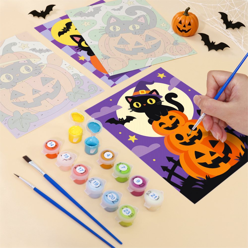 Filling in a Checkered Cat Pumpkins mini canvas with numbered acrylic paints and a fine brush