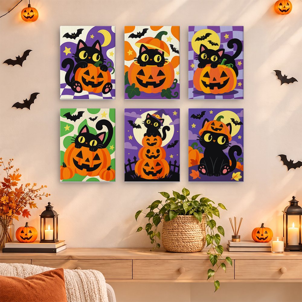 Checkered Cat Pumpkins mini paintings displayed as a gallery wall in a sunny kitchen