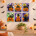 Checkered Cat Pumpkins mini paintings displayed as a gallery wall in a sunny kitchen
