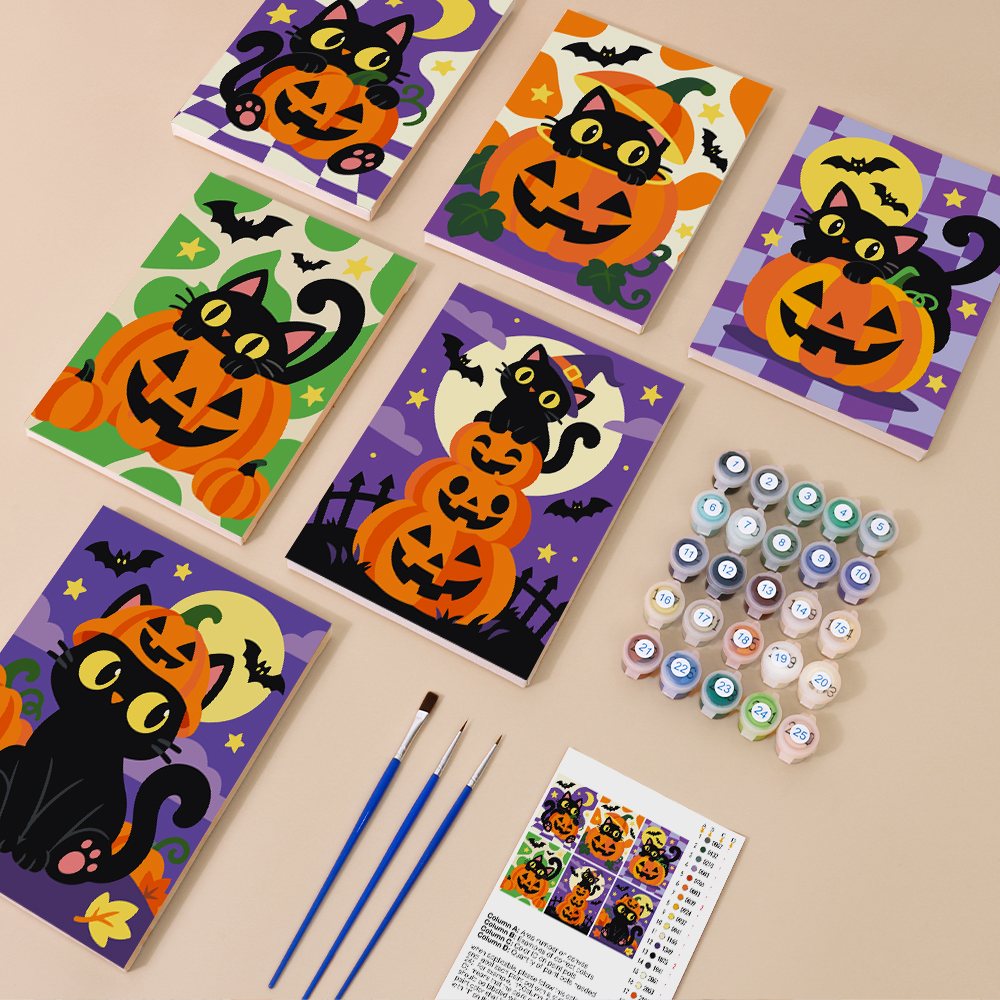 Checkered Cat Pumpkins mini paint by numbers kit with six numbered canvases, acrylic paints, brushes and layout