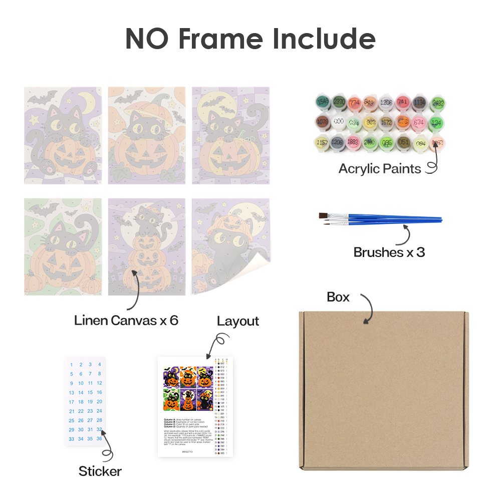 What's included without a frame: six rolled Checkered Cat Pumpkins mini canvases, acrylic paints, three brushes and layout