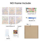 What's included without a frame: six rolled Checkered Cat Pumpkins mini canvases, acrylic paints, three brushes and layout