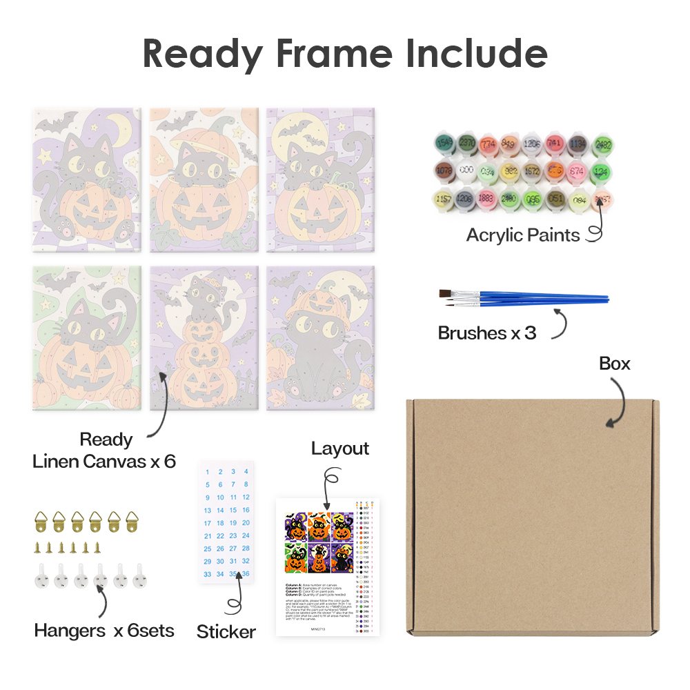 What's included pre-stretched on frame: six framed Checkered Cat Pumpkins mini canvases, paints, three brushes, hangers and layout